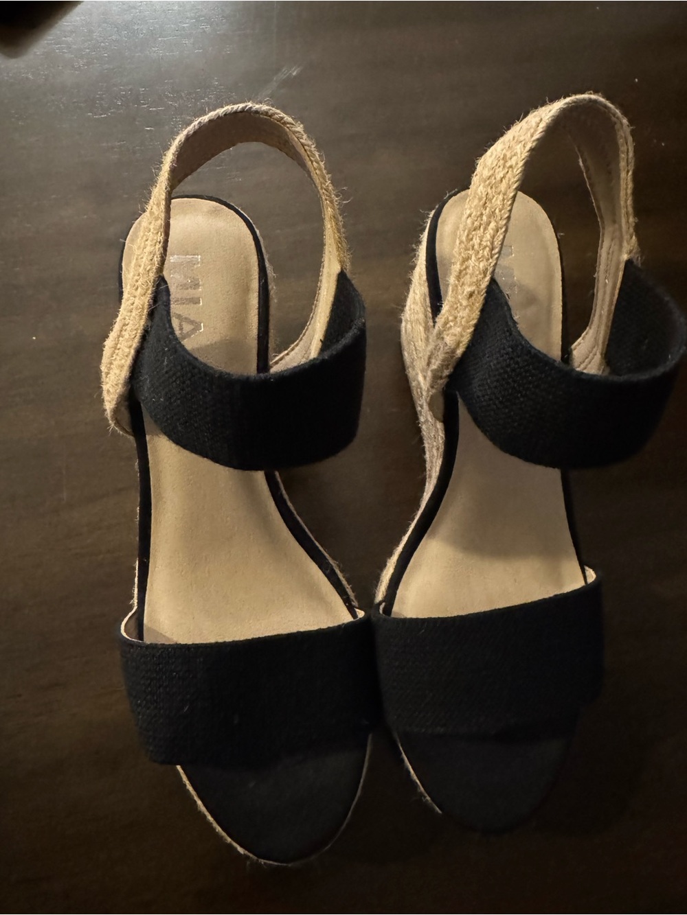 MIA Black and Tan Espadrille Wedge Sandals